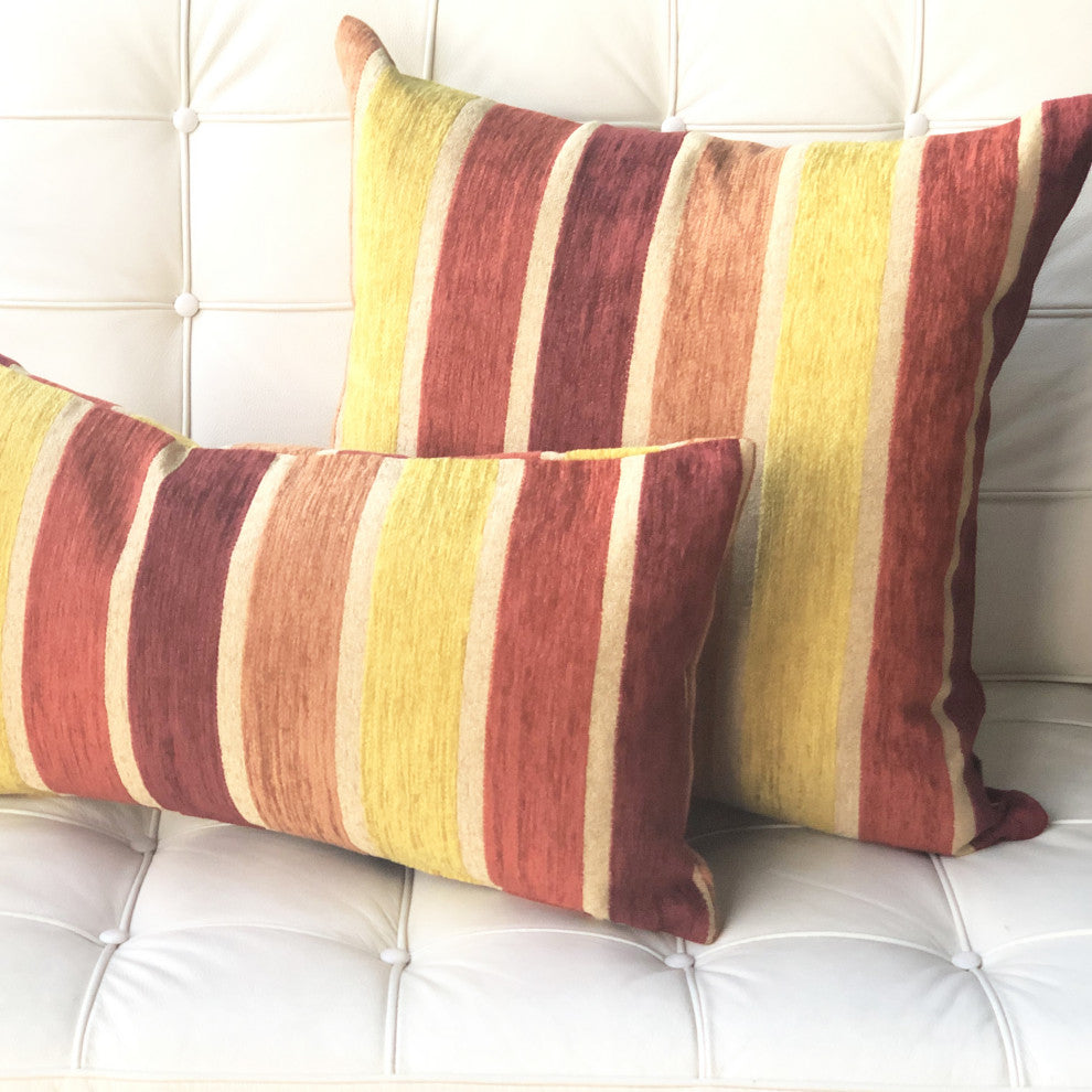 Pillow Decor - Savannah Stripes Chenille Throw Pillow, Yellow Orange, 20" X 20"