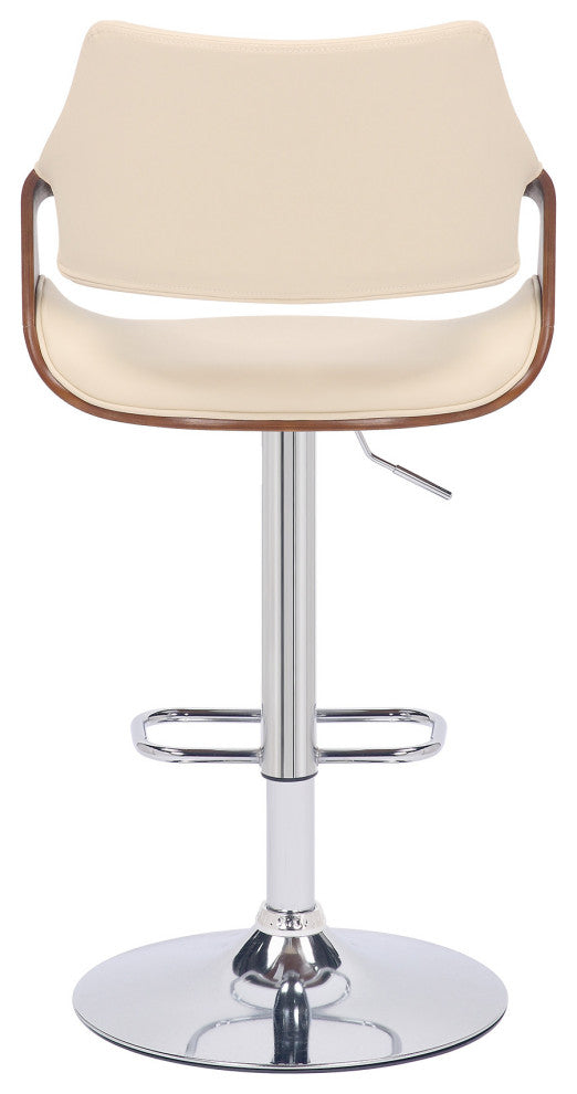 Cream Faux Leather and Walnut Wood and Chrome Swivel Adjustable Bar Stool