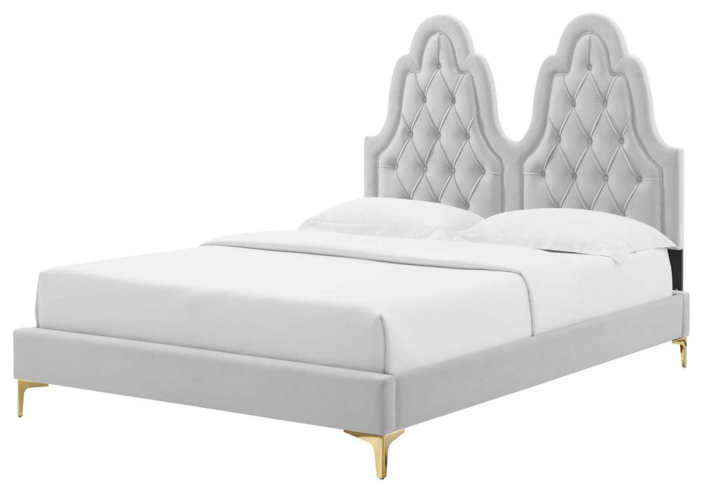Tufted Platform Bed Frame, Twin Size, Velvet, Gray, Modern Contemporary