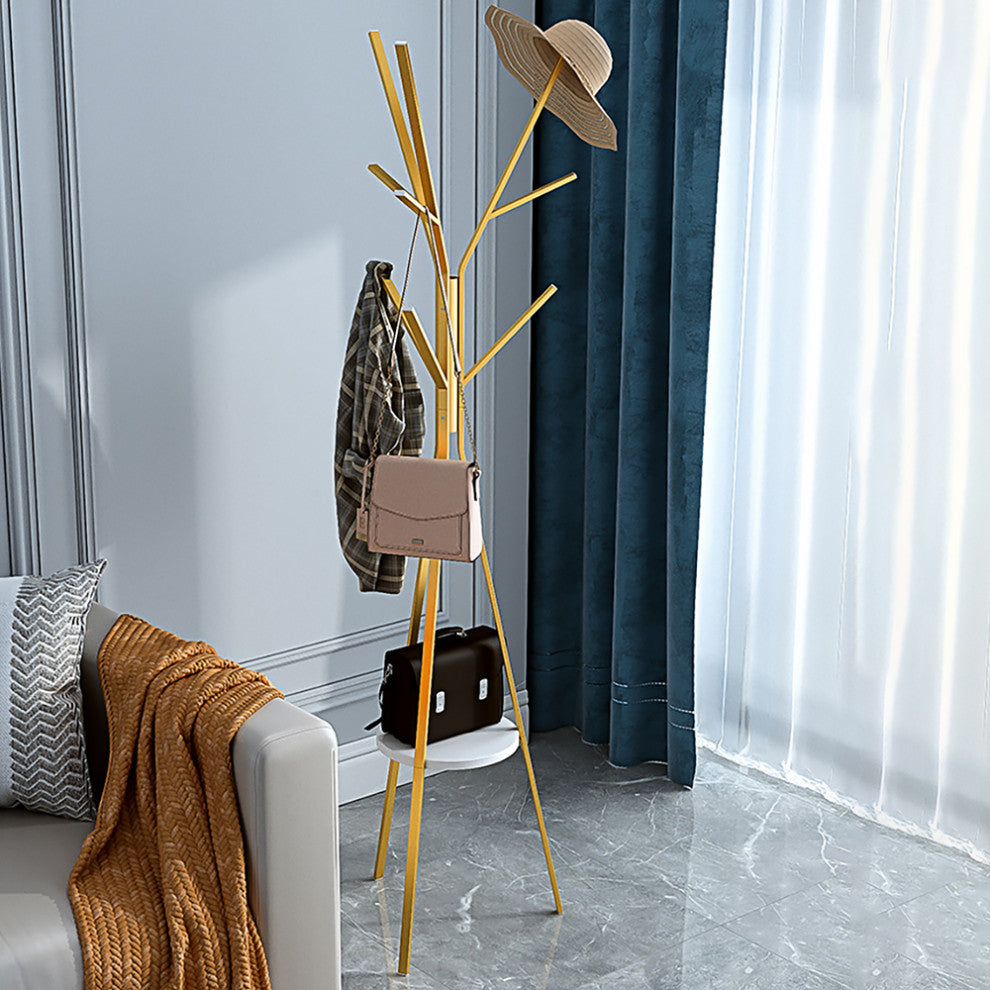 70.9" Modern Freestanding Coat Rack Hanging with Shelf Marble Base, Gold