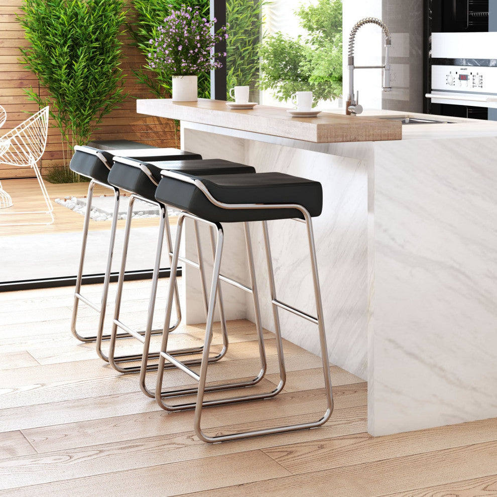 Bar Stool Chair Barstool, Set of 2, Faux Vinyl Leather, Steel, Black, Chrome