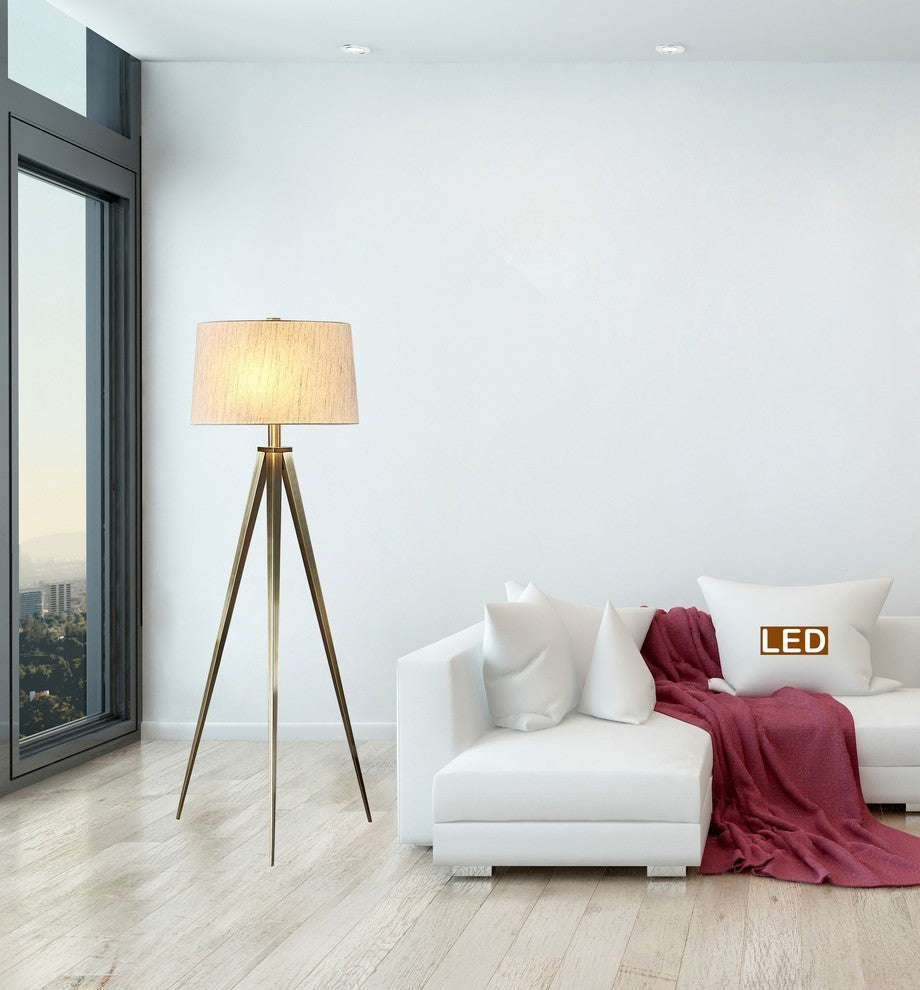 Artiva USA Hollywood 63" LED Tripod Floor Lamp With Dimmer, Antique Satin Brass