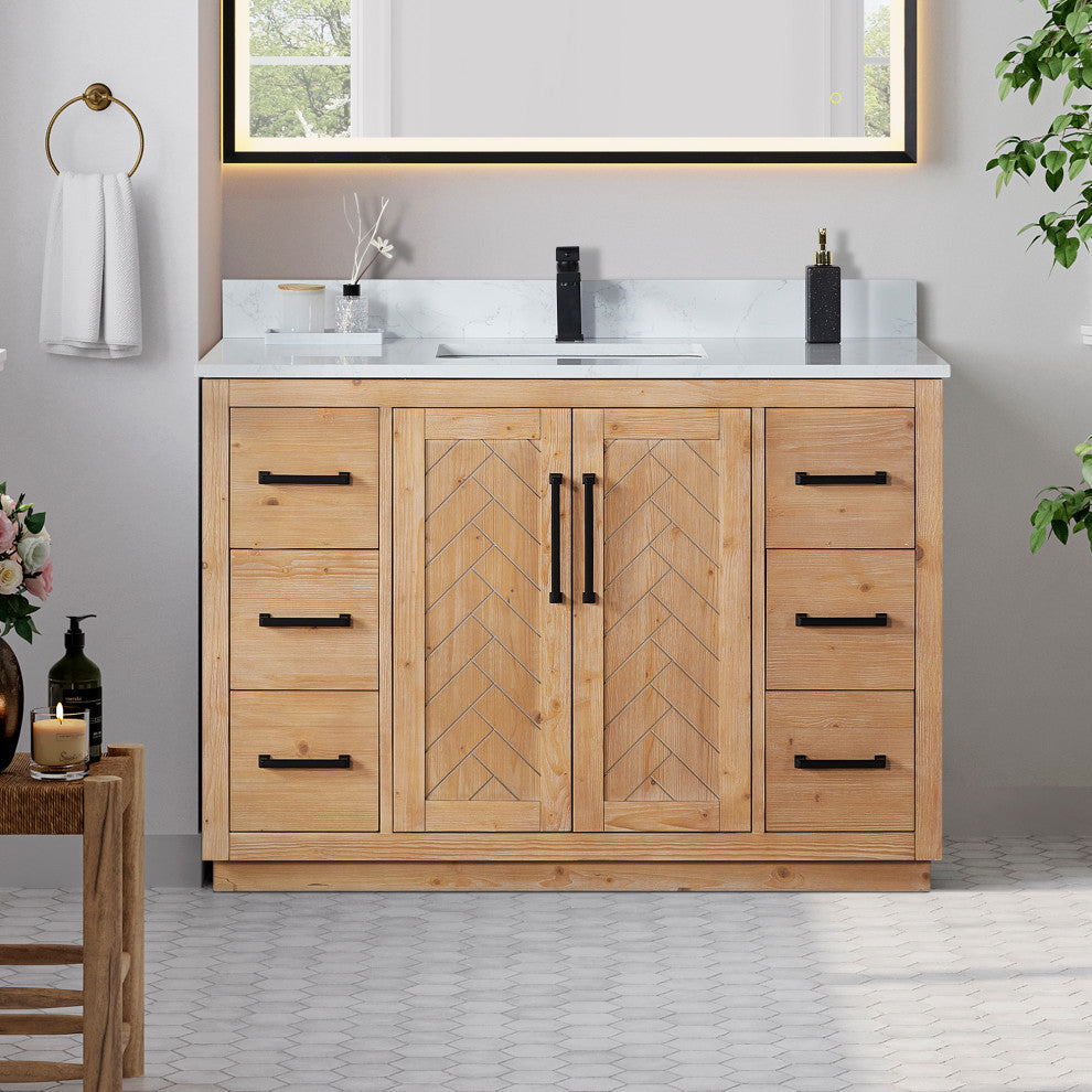 Anais Vanity Grain White Engineered Stone Countertop, Light Brown, 48", No Mirror