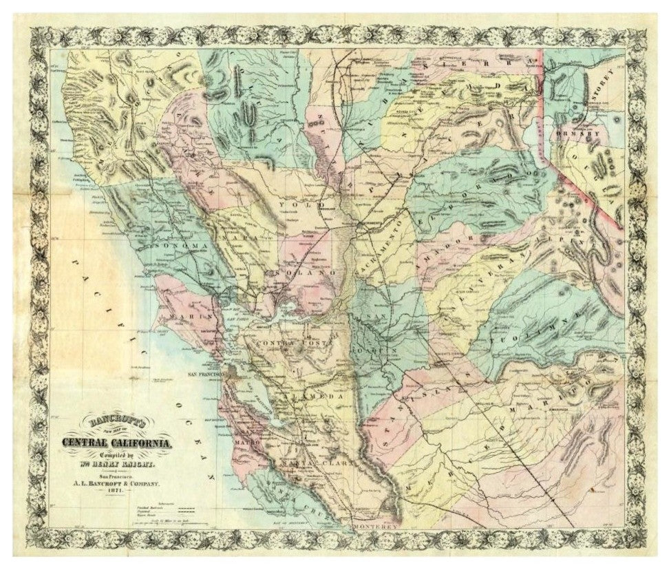 "New Map of Central California, 1871" Paper Print by A.L. Bancroft, 32"x27"