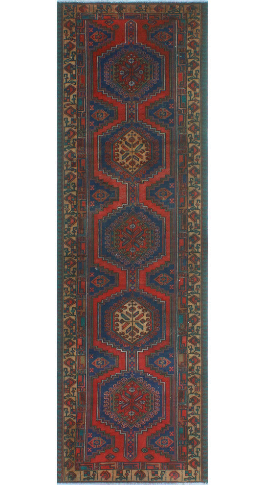 Fine Vintage Distressed Carolynn Navy/Red Runner, 3'3x10'5