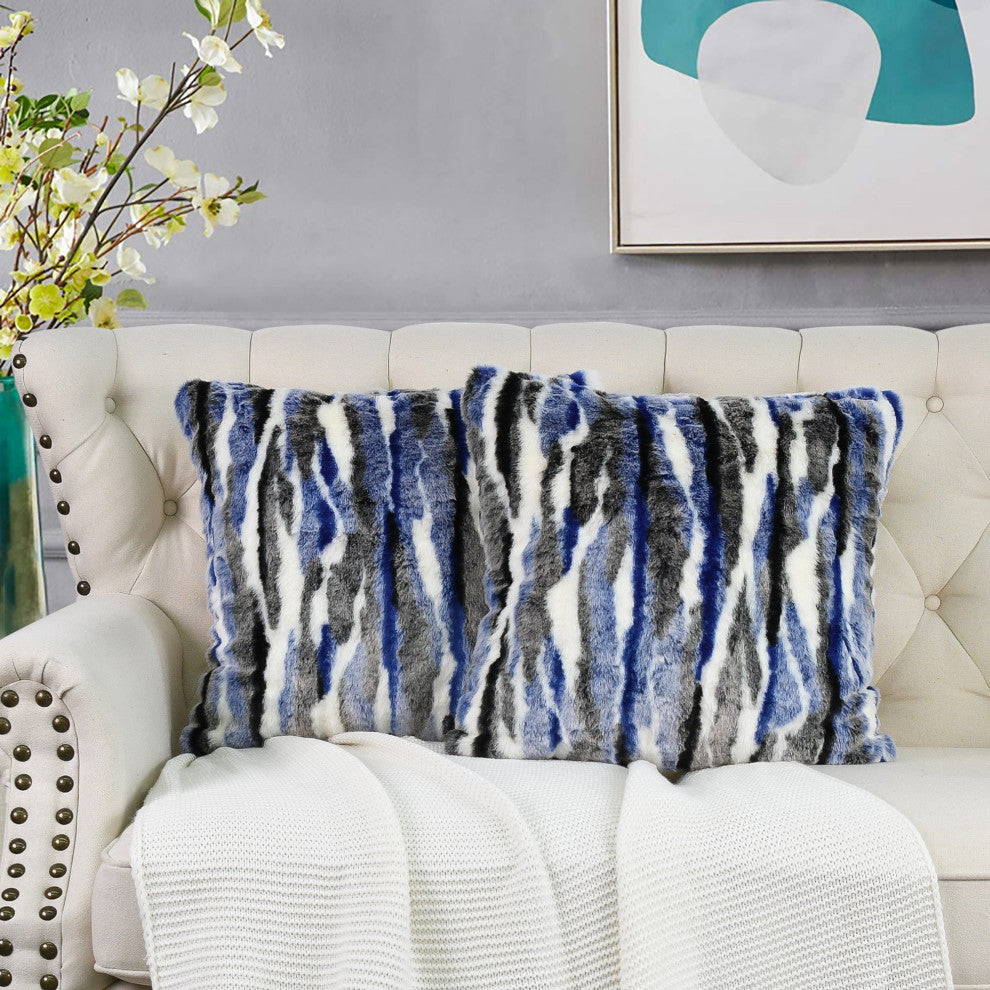 Multi Jacquard Faux Fur Pillow Covers Set of 2, Blue, 14''x26''