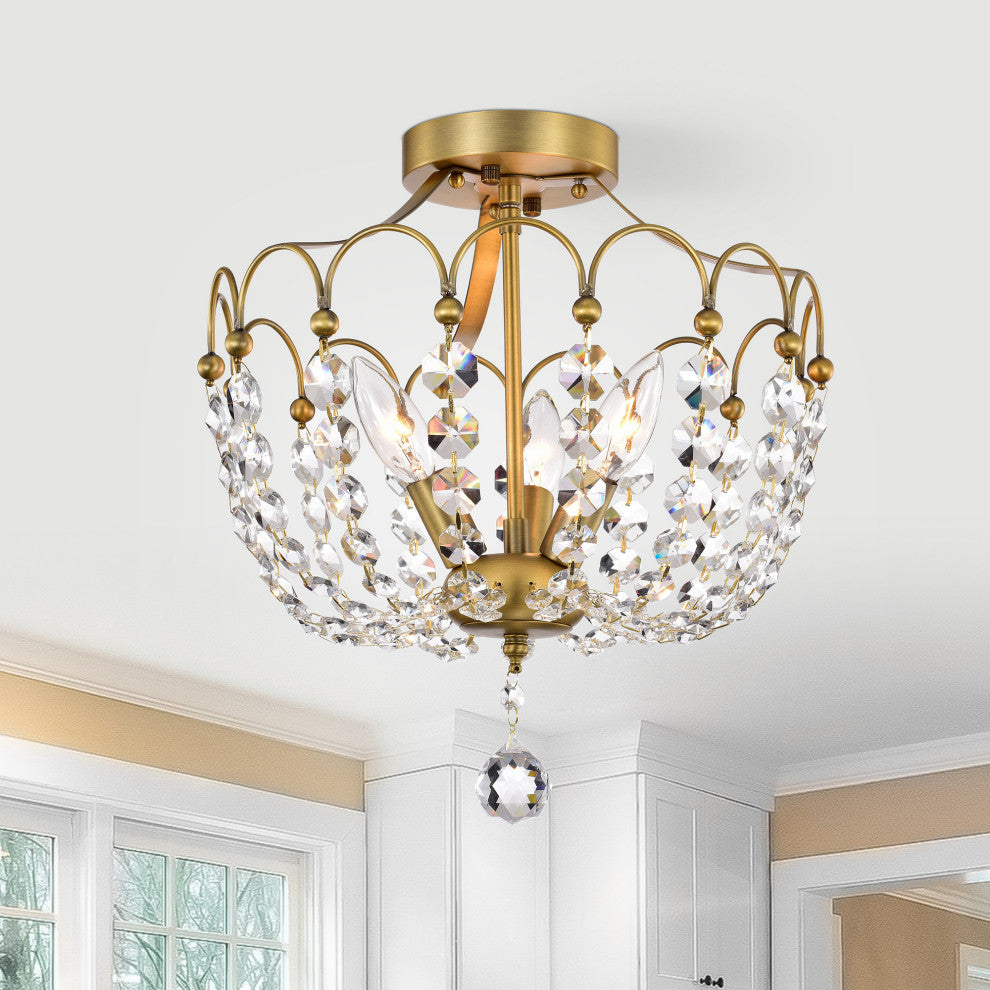 3-Light Vintage Brass Semi Flush Mount With Crystals