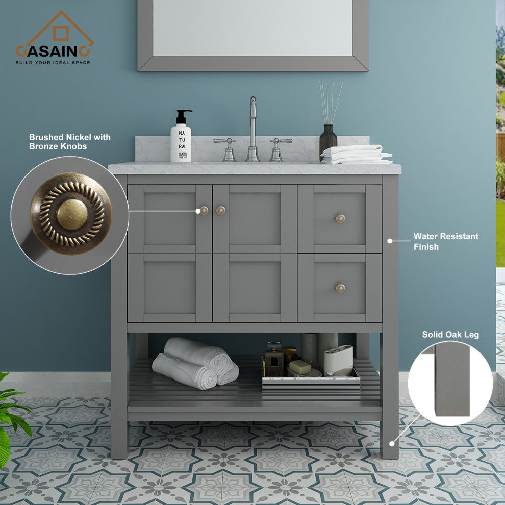 CASAINC 36" Marble Top Single Sink Bathroom Vanity, Gray