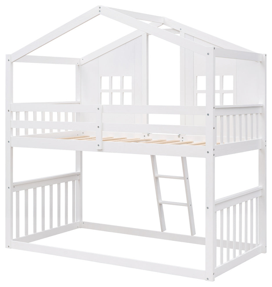 Gewnee Wood Twin Over Twin House Bunk Bed With Ladder in White
