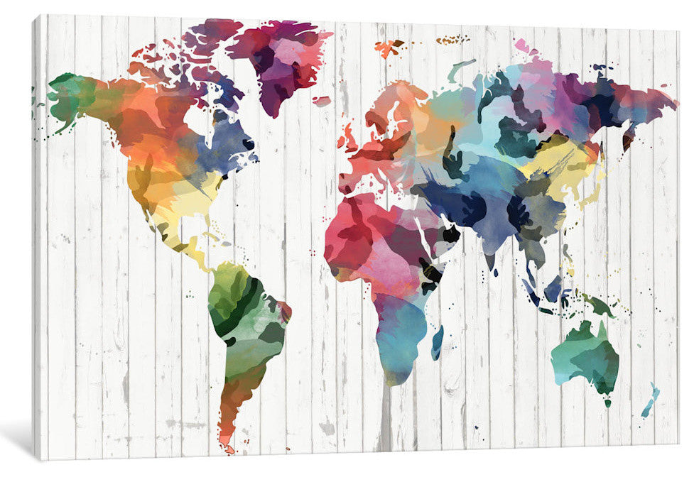 "Wood Watercolor World Map Gallery" by iCanvas, 40x26x1.5"