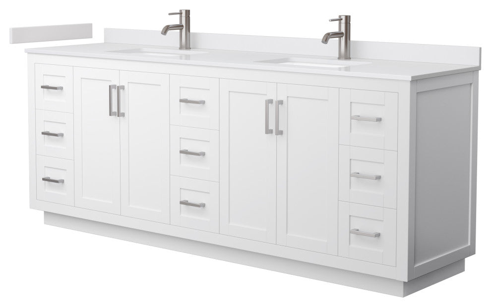 Miranda White/Brushed Nickel, 84" Double, Cultured Top, Square, No Mirror