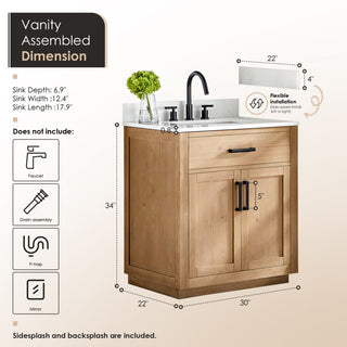 Gavino Vanity With Grain White Composite Stone Top, Light Brown/Matte Black, 30", No Mirror