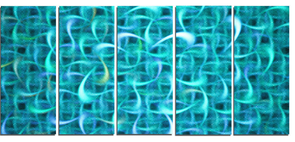 Turquoise Watercolor Fractal Pattern, Abstract Art on Canvas, 60"x28", 5 Panels