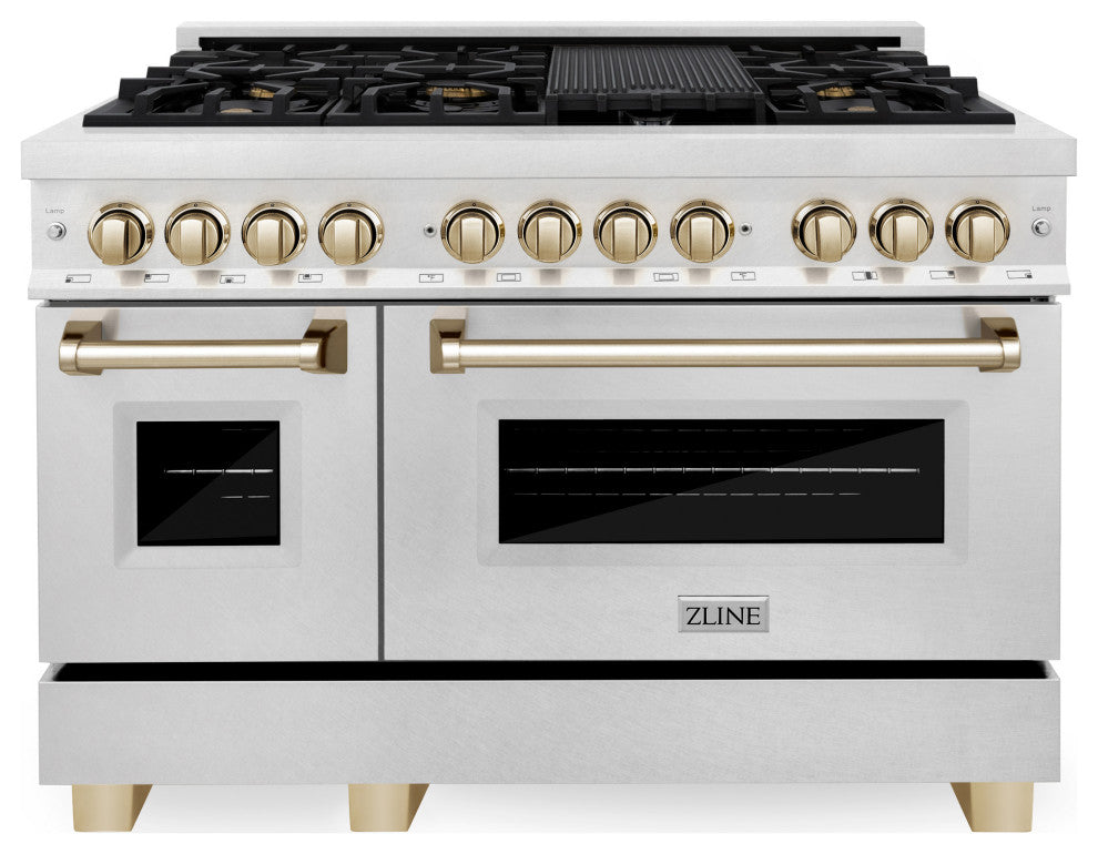 ZLINE 48" Dual Fuel Range, DuraSnow With Gold Accents RASZ-SN-48-G
