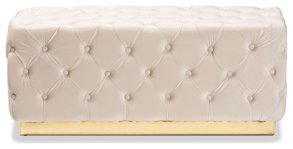 Glam and Luxe Beige Velvet Fabric Upholstered and Gold PU Leather Ottoman