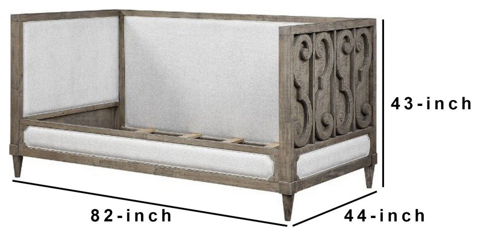 Benzara BM261737 Daybed With Fabric Upholstery and Carvings, Weathered Brown