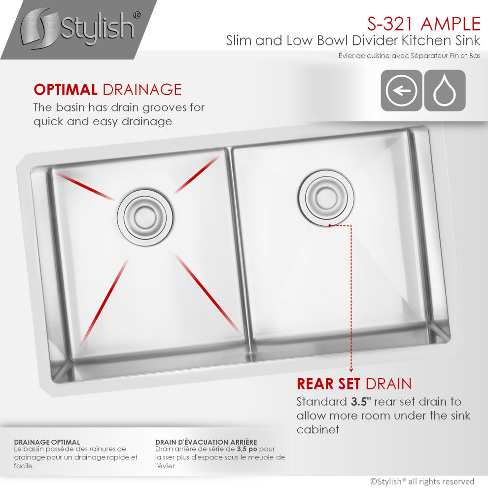 STYLISH 32"L x 18"W Stainless Steel Low Divider Undermount Kitchen Sink