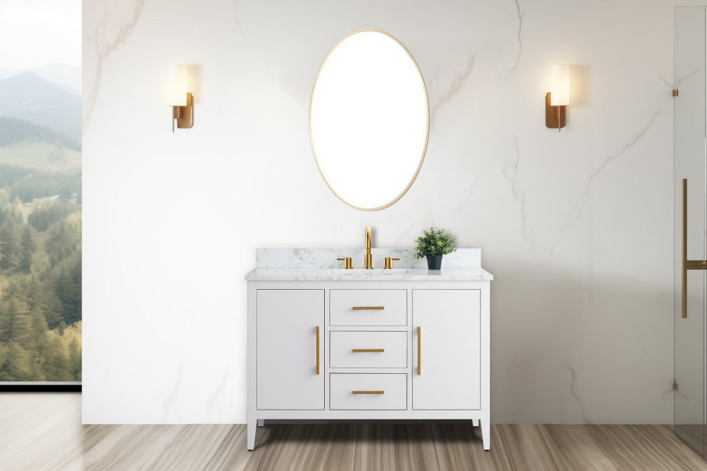 Vanity Art Bathroom Vanity With Sink, White, 48", Single Sink, Golden Brushed