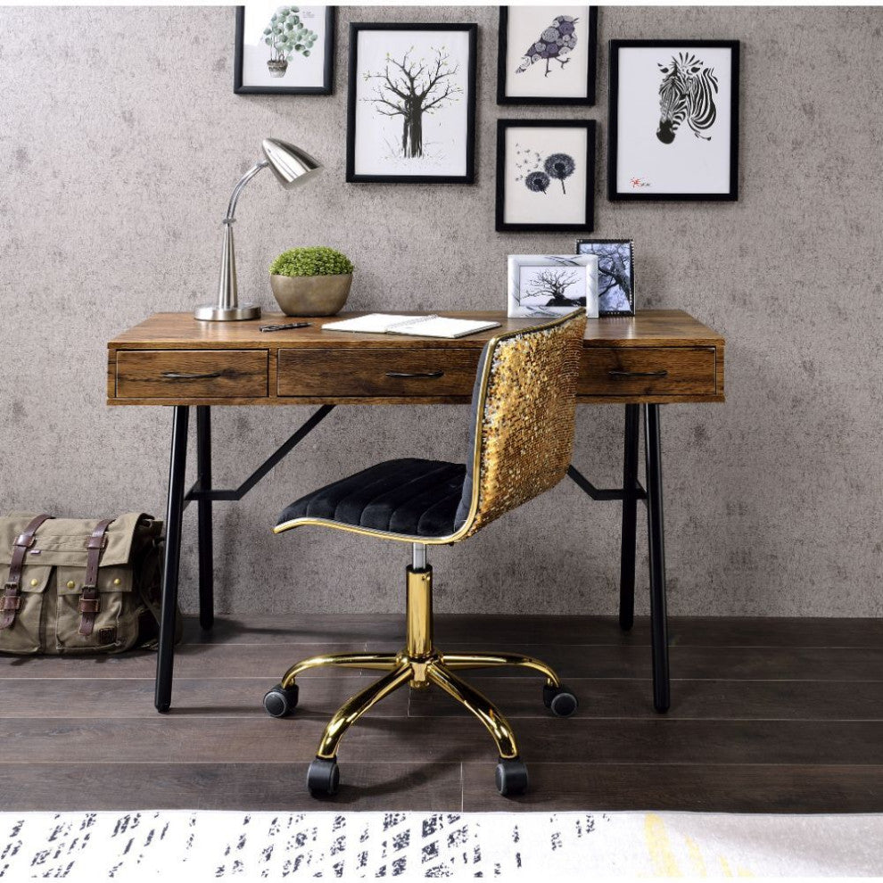 3 Drawers Writing Desk, Rustic Oak and Black Finish