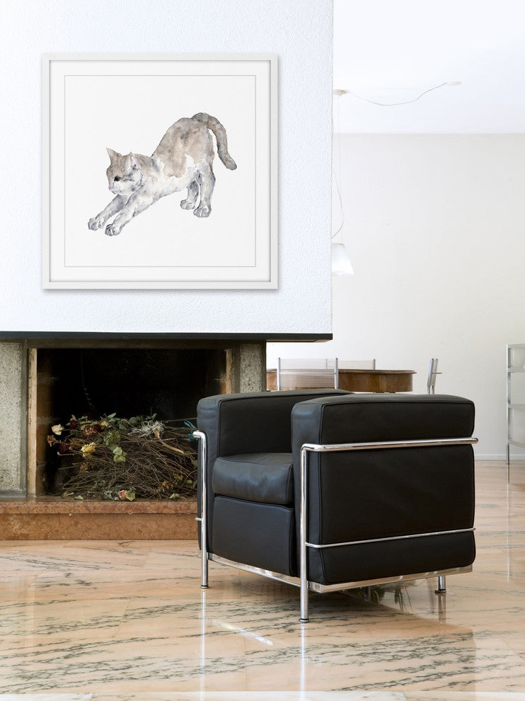 Marmont Hill, "Stretching Cat" by Thimble Sparrow Framed Painting Print, 12x12