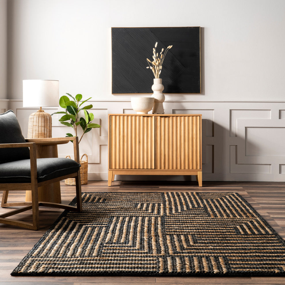 Grassland Handwoven Jute Area Rug, Black 4'x6'