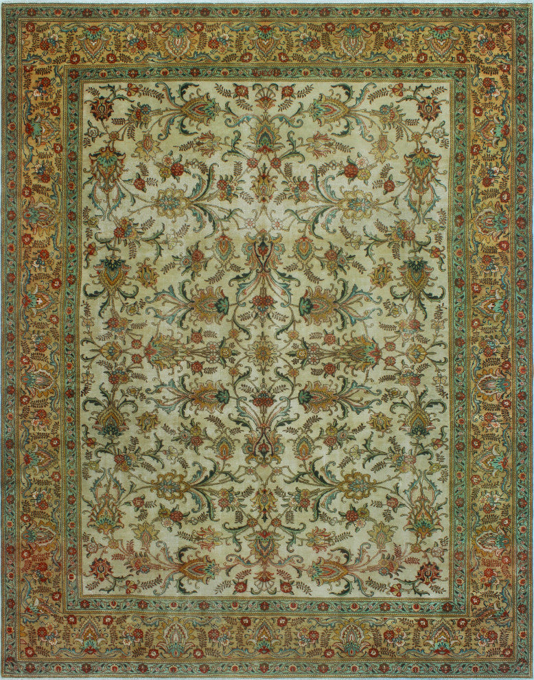 Fine Vintage Distressed Kaleb Ivory/Green Rug, 9'6 x 12'7