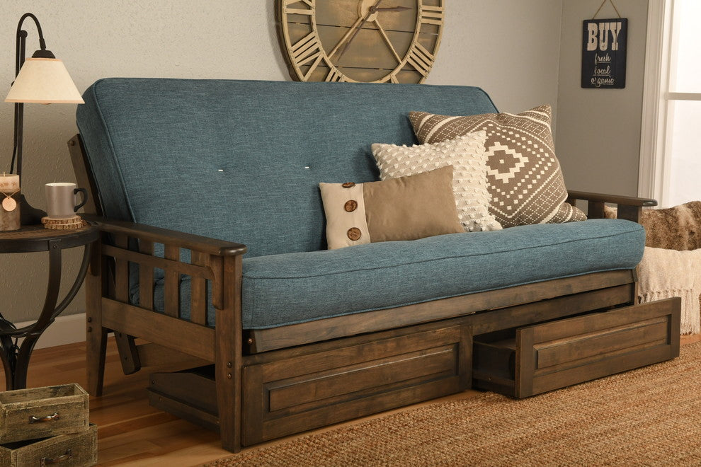 Sonora Frame, Rustic Walnut Finish, Storage Drawers and Mattress, Linen Aqua