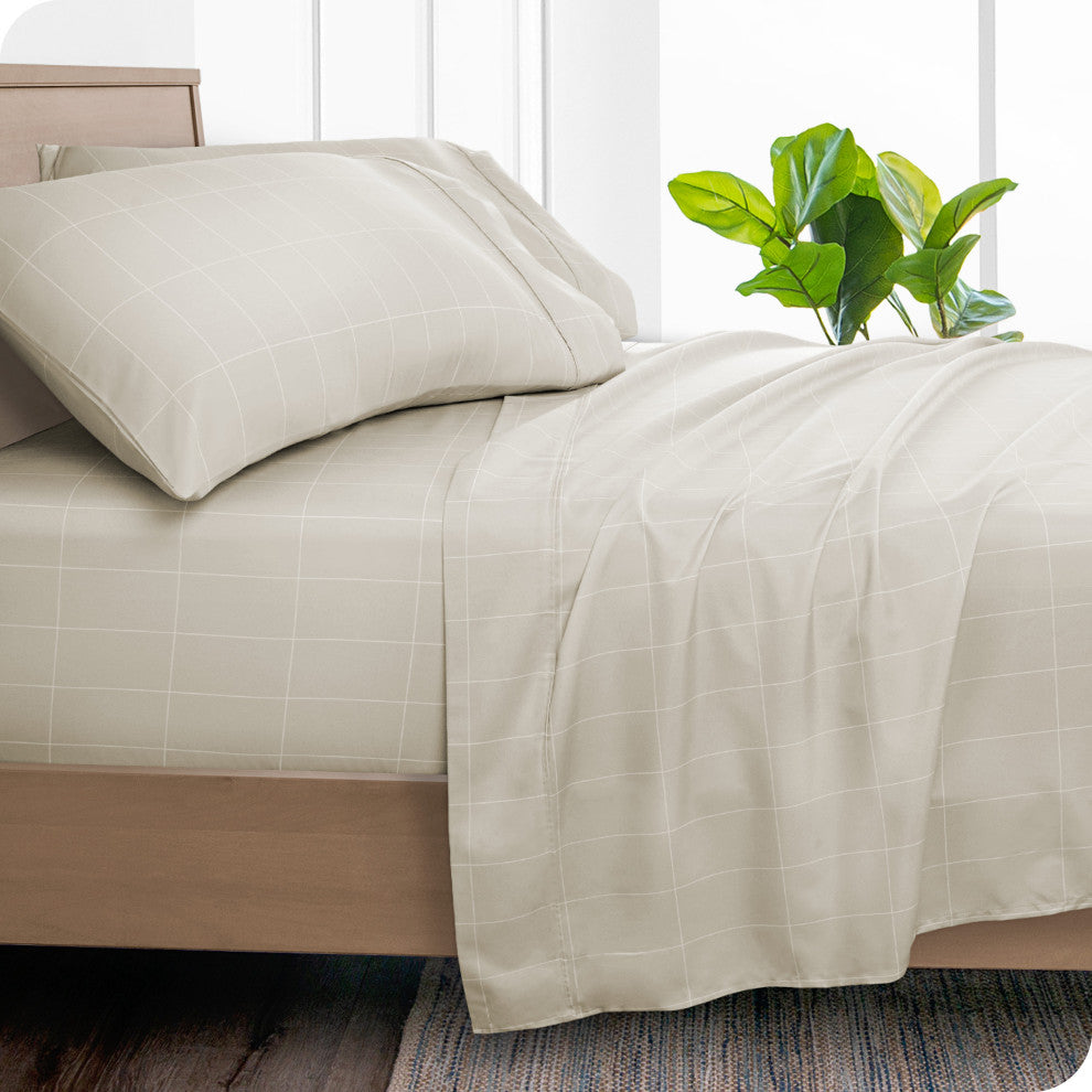 1800 Microfiber Printed Sheet Set, Grid - Stone/White, Queen