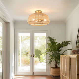 Bohemian Rattan Semi-Flush Mount Ceiling Light, 16'' W-3 Lights