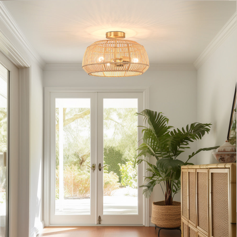 Bohemian Rattan Semi-Flush Mount Ceiling Light, 16'' W-3 Lights