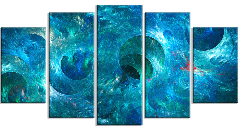 Blue Circles Fractal Texture, Contemporary Canvas Art Print, 60"x32", 5 Panels