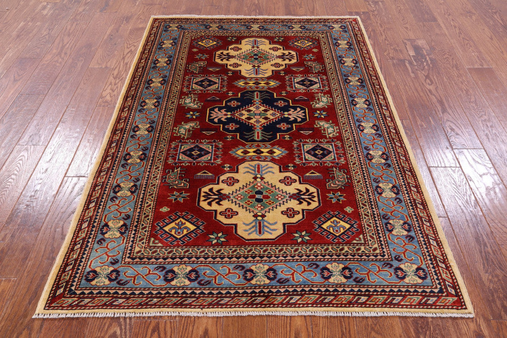 4' 2" X 5' 11" Super Kazak Hand Knotted Geometric Rug Q10624