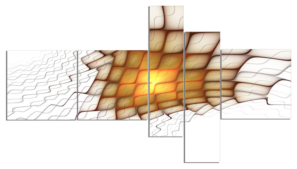 Yellow Flames on White Blocks, Abstract Art on Canvas, 60"x32", 5 panels