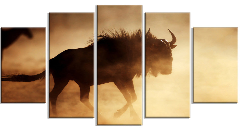 Blue Wildebeest Running in Dust, African Canvas Art Print, 60"x32", 5 Panels