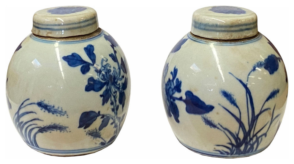 Pair Blue White Mini Oriental Flowers Graphic Porcelain Ginger Jars Hws1874