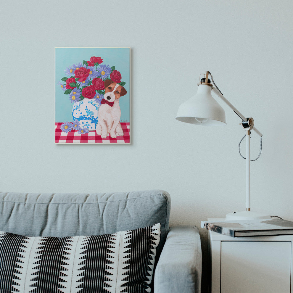 Flower Vase With Dog Red Blue Animal Pet Painting, 13"x19"