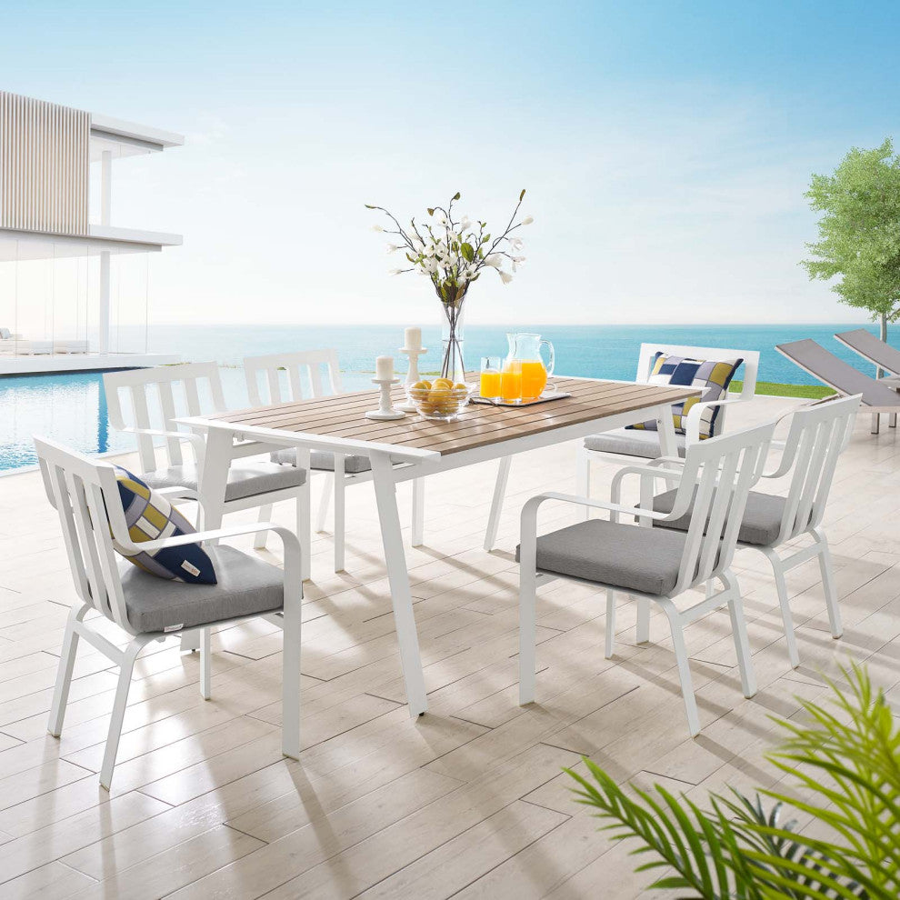 Side Dining Chair and Table Set, Aluminum, Metal, White Gray, Outdoor