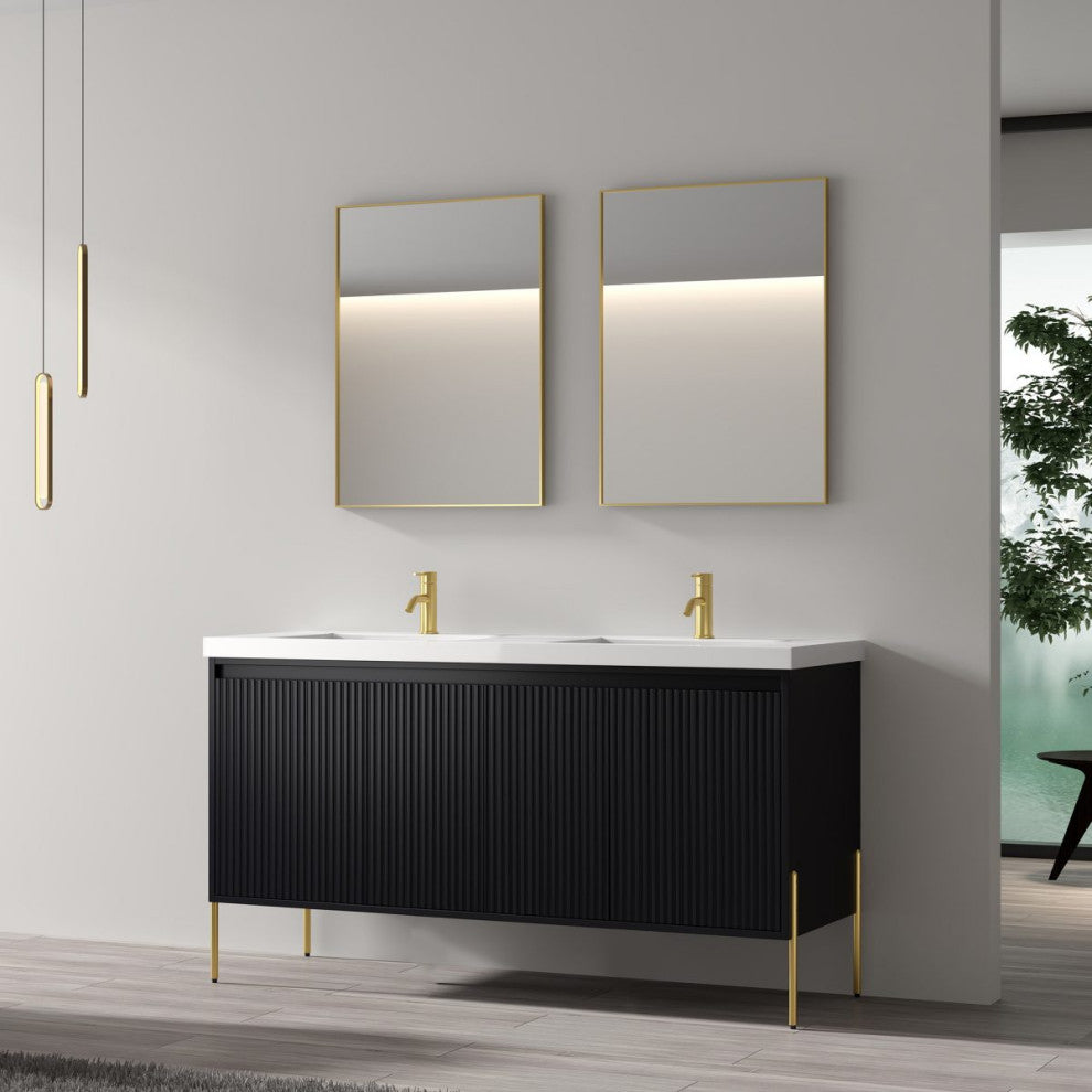 Flutie 60" Bathroom Vanity Set, Charcoal, Double White Sink