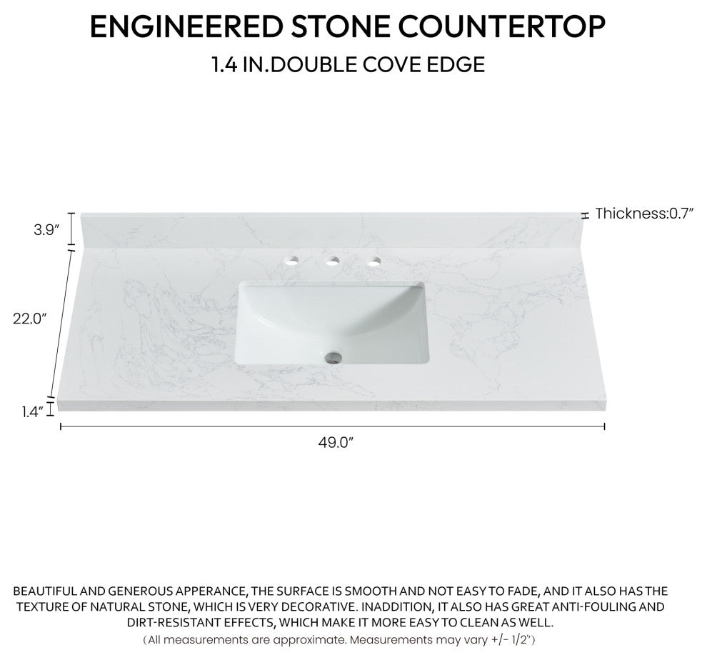 Jaen Composite Stone Vanity Top With Ceramic Sink, Grain White, 49"