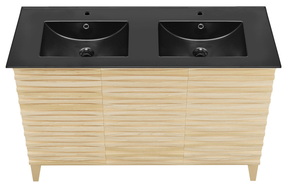 Cascade 48" Natural Oak, Double Basin Bathroom Vanity With Black Sink Top