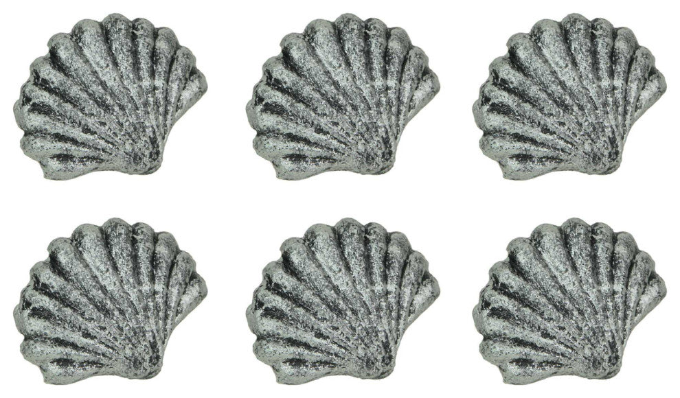 Set of 6 Silver Cast Iron Scallop Sea Shell Drawer Pulls Nautical Cabinet Knobs