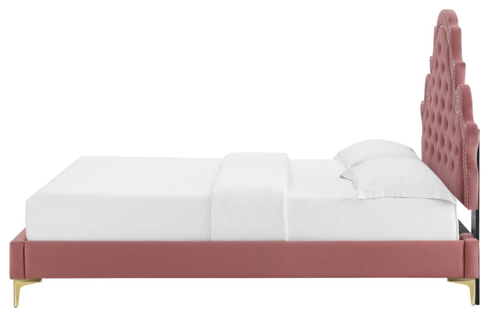Tufted Platform Bed Frame, Queen Size, Velvet, Pink, Modern Contemporary