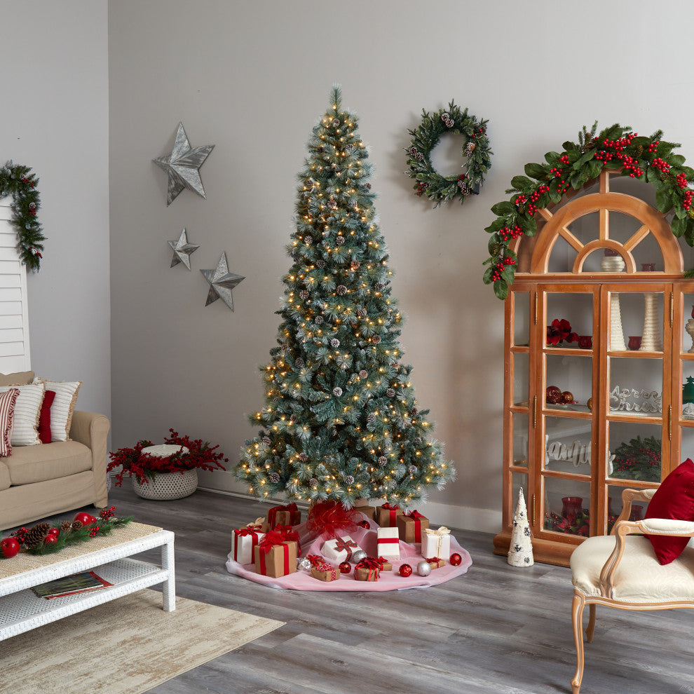 9' Frosted Tip British Columbia Mountain Pine Faux Xmas Tree W/Lights & Pinecone