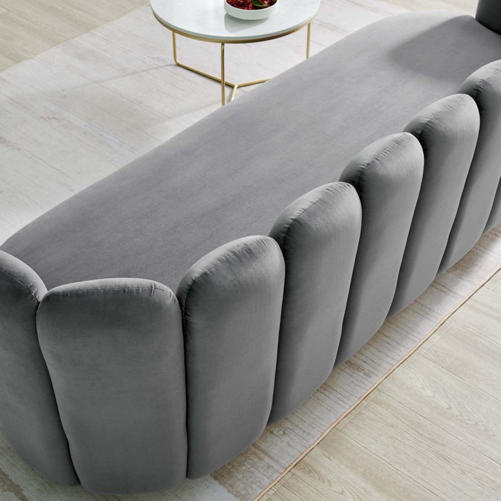 Tufted Sofa, Gray, Velvet, Modern, Mid Century Hotel Lounge Cafe Lobby