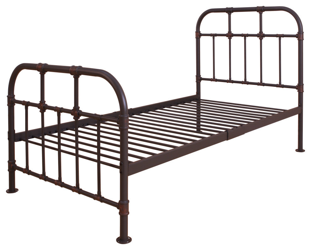 Benzara BM196892 Industrial Metal Twin Size Bed with Pipe Inspired Frame, Brown