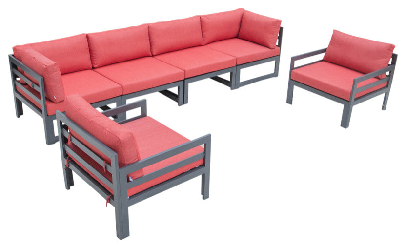 LeisureMod Chelsea 6-Piece Patio Armchair Sectional Black Aluminum, Red