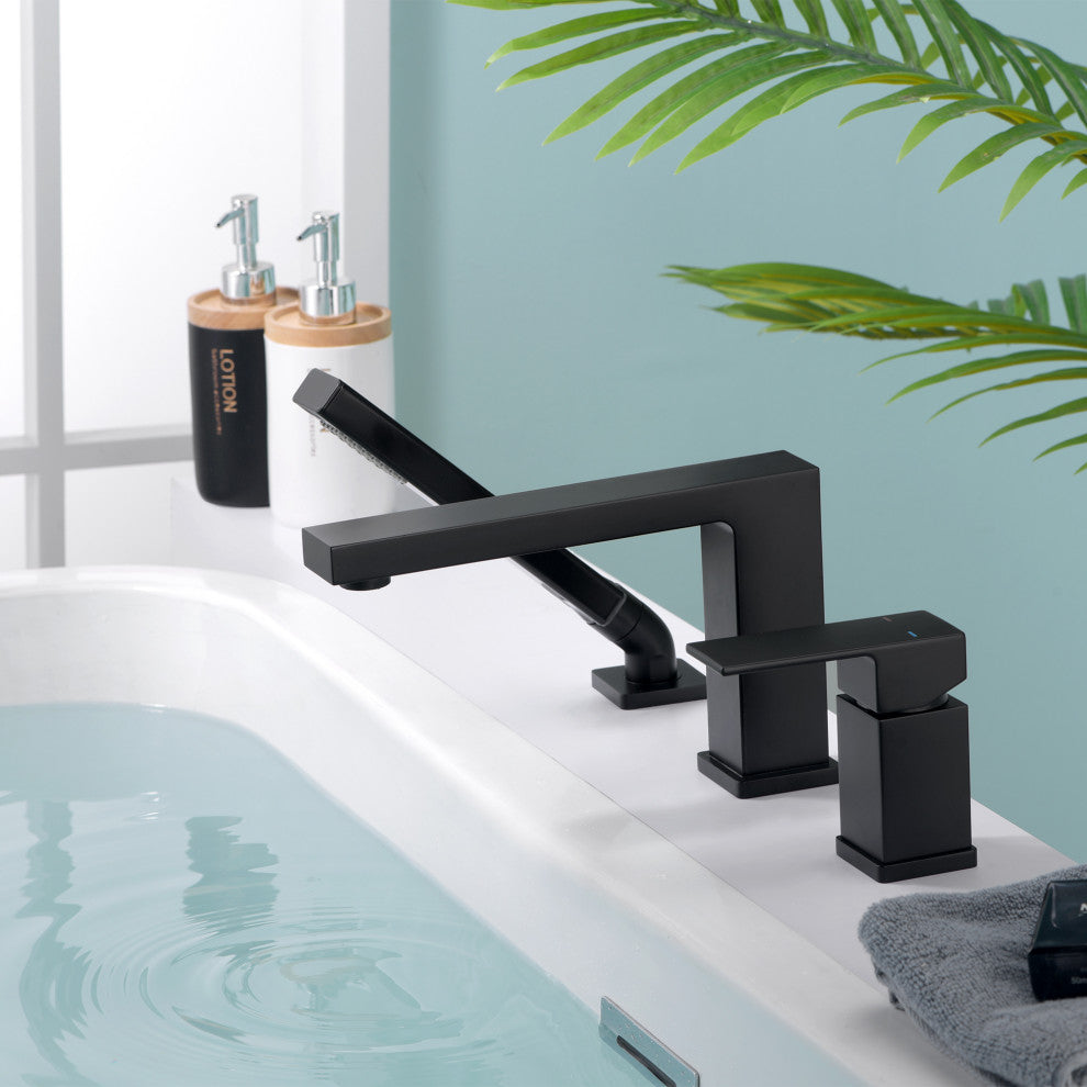 Luxier RTF17 Deck-Mount Roman Tub Faucet With Hand Shower, Matte Black