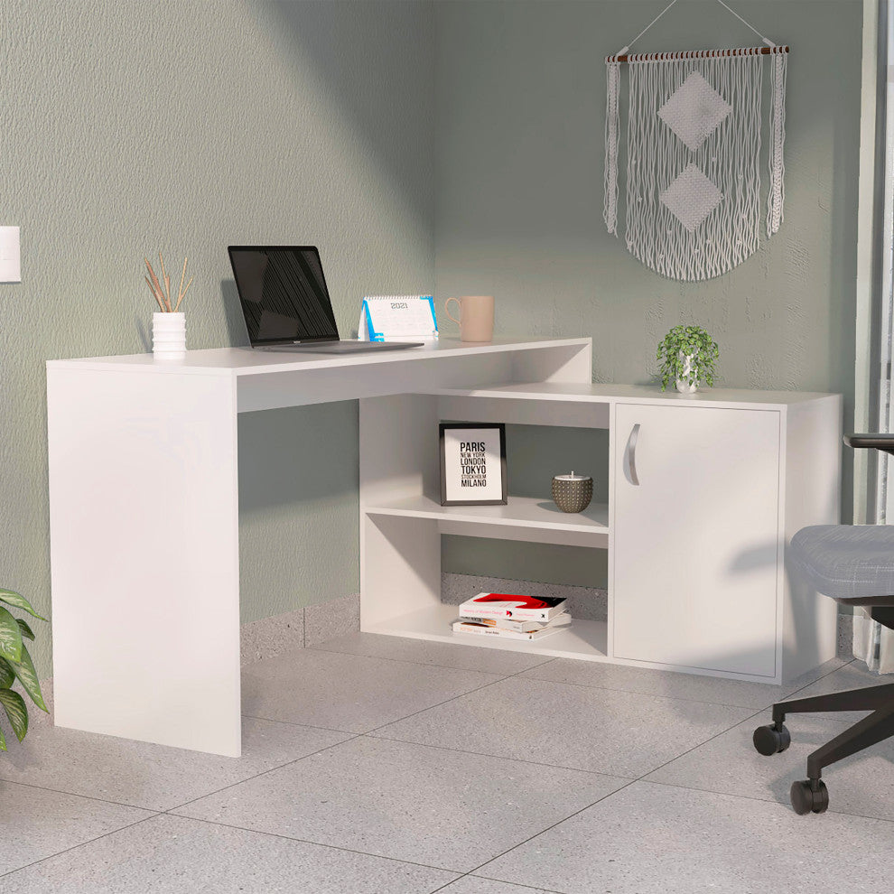 Dallas L-Shaped Home Office Desk with 2 Open Shelves and Cabinet, Light Gray