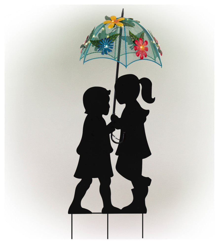 Alpine Solar Boy and Girl With Umbrella Decor and Stake, 39"Tall