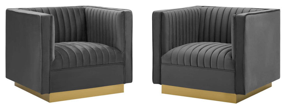 Tufted Armchair Accent Chair, Set of 2, Velvet, Gray, Modern, Lounge